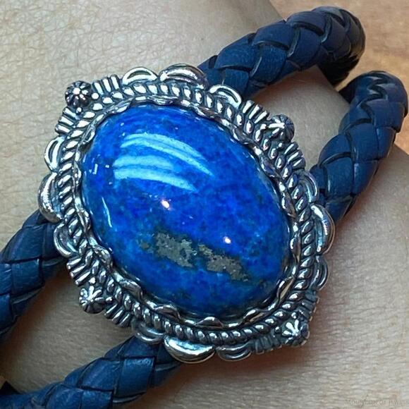 Carolyn Pollack Sterling Denim Lapis Navy Braided Leather Bracelet For Women - Picture 2 of 10